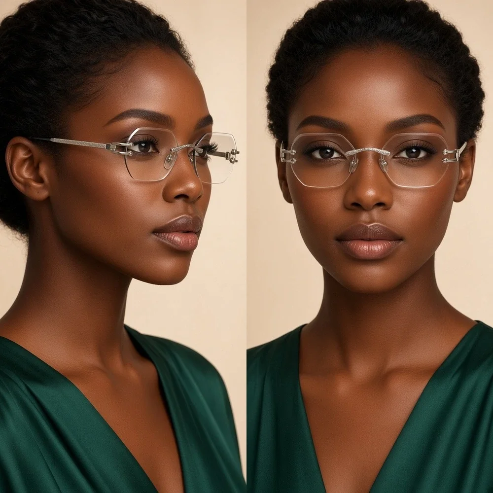 Silver Frameless Angular Eyewear Exhibits Women Eyewear Clear Lens Ombre Shaded